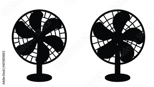 Two black silhouette desk fans on white background