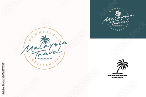 Coconut Palm Tree silhouette with sea ocean wave for tropical vacation trip journey or exotic asian flight travel destination logo design