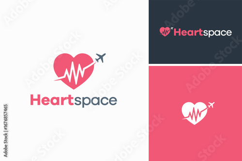Silhouette of Love with Plane Airplane and Waveform Sound Wave Heartbeat for EKG ECG Cardiograph Healthy Heart Diagnostic travel trip flight logo design