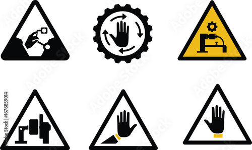 Hand Hazard Warning Signs with Machinery Symbols, Robotic Arms, Gears, Wristbands, and Industrial Safety Alerts