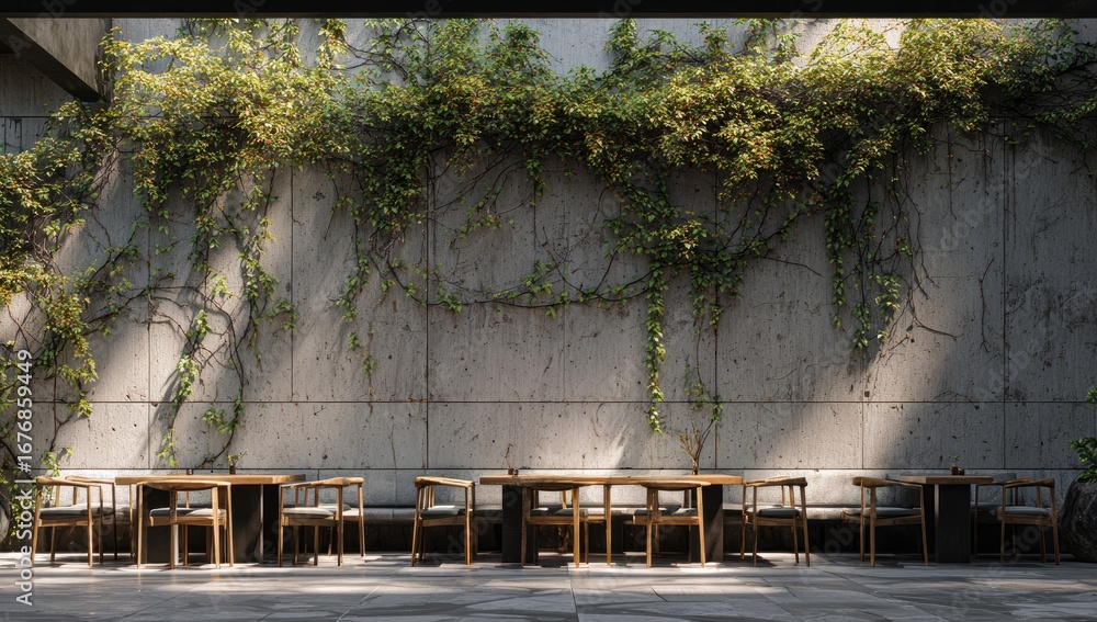 Obraz premium Outdoor cafe with concrete wall and greenery