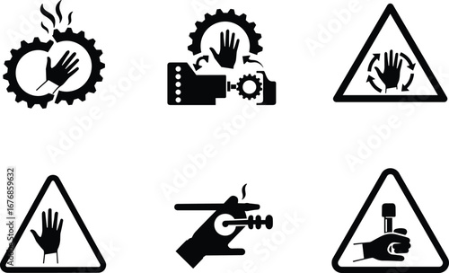 Hand Safety and Machinery Hazard Warning Icons Set – Industrial Gear, Pinch Point, Crushing and Injury Prevention Signs