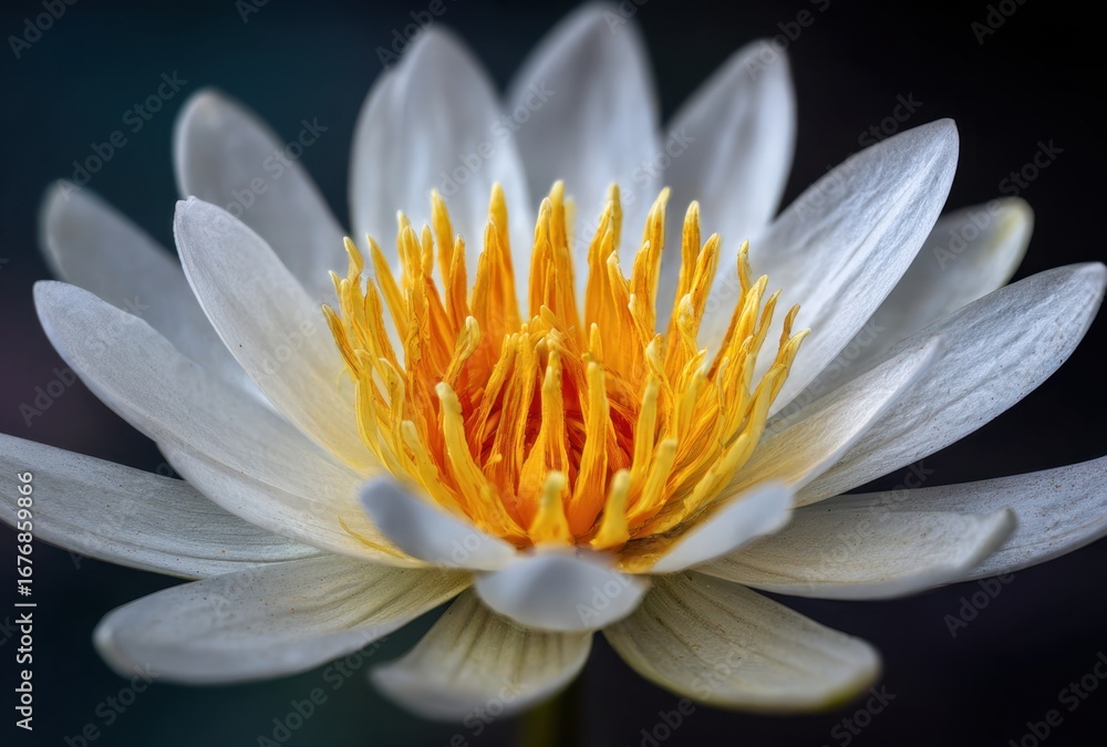 Fototapeta premium Close-up of a White Water Lily Flower with Bright Yellow Center on Dark Background