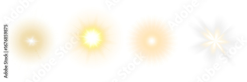 Collection of four unique golden and white sunburst and abstract light effects on a transparent background.