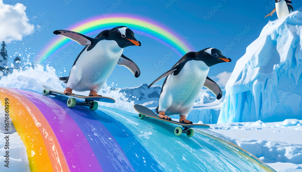 Obraz premium Two playful penguins skateboarding down a vibrant rainbow slide in a snowy arctic landscape under a clear blue sky.
