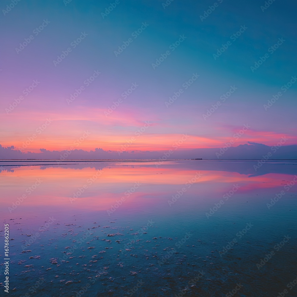 Fototapeta premium Serene sunrise reflection over calm ocean waters. Soft hues of pink, orange, and blue paint the sky and water, creating a peaceful ambiance. Horizon is calm and flat