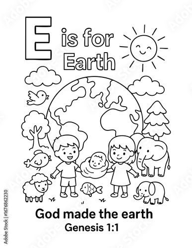 letter e with earth creation scene children animals trees sun and clouds bible verse genesis 1 1 concept of christian coloring page vector illustration educational alphabet design for kids