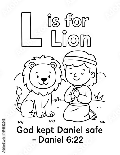 letter l with lion daniel praying god kept daniel safe daniel 6 22 concept of christian coloring page vector illustration bible alphabet sunday school activity for children faith scripture learning
