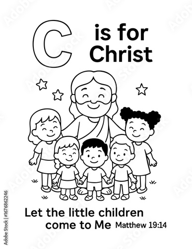 letter c with christ surrounded by children bible verse let the little children come to me concept of christian coloring page vector illustration educational alphabet design for kids