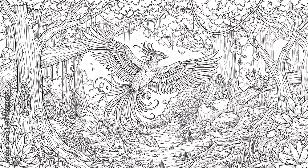 Naklejka premium Phoenix in the Enchanted Forest.
