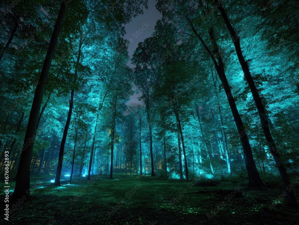 Fototapeta premium Glowing forest at dusk, blue/green light illuminates trees. Mystical, moody scene
