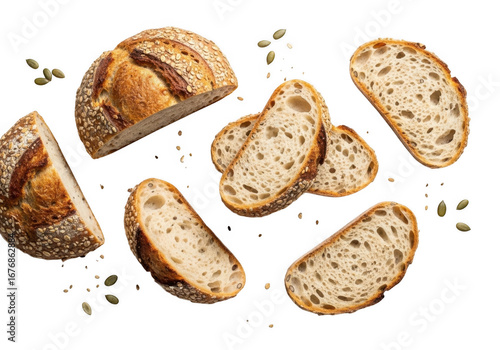 Artisan bread slices from rustic bakery, freshly baked delicious grain loaf isolated on transparent background