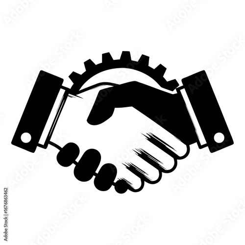 Handshake with gear representing agreement in business and teamwork, depicting partnership between two people.