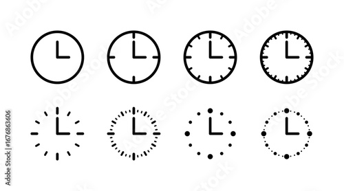 Simple and minimal clock sign symbol. Circle analog clock with clock hands icon. Wall clock.