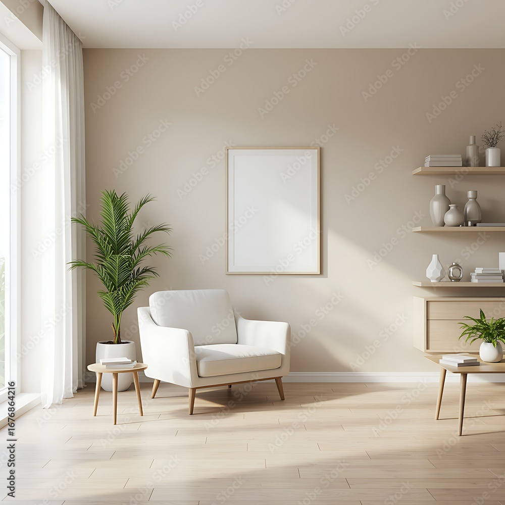 Fototapeta premium Minimalist Living Room Interior Design with Armchair Plant and Blank Frame for Mockup Presentation or Creative Display Ideas