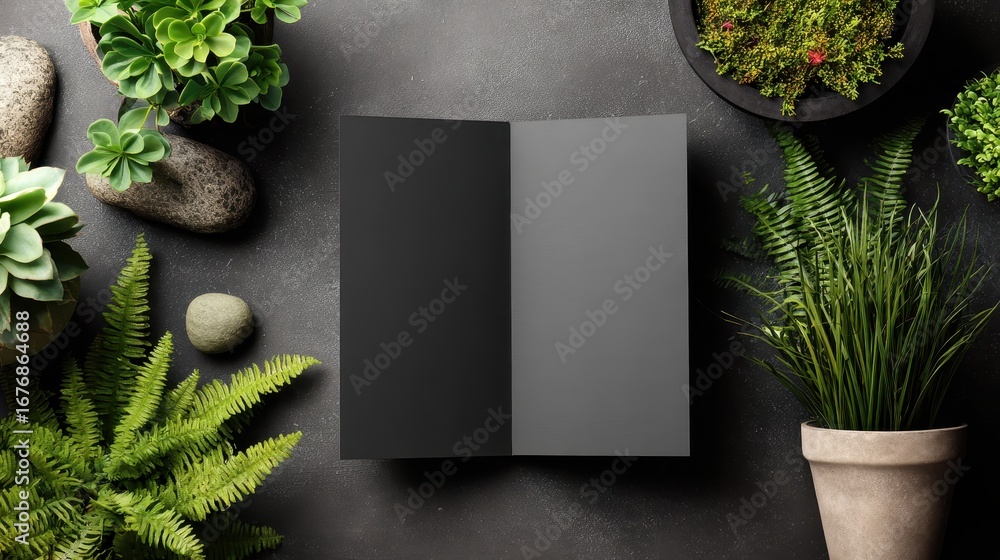 Fototapeta premium High quality photo of greenery and a black and gray book mockup on a textured surface.