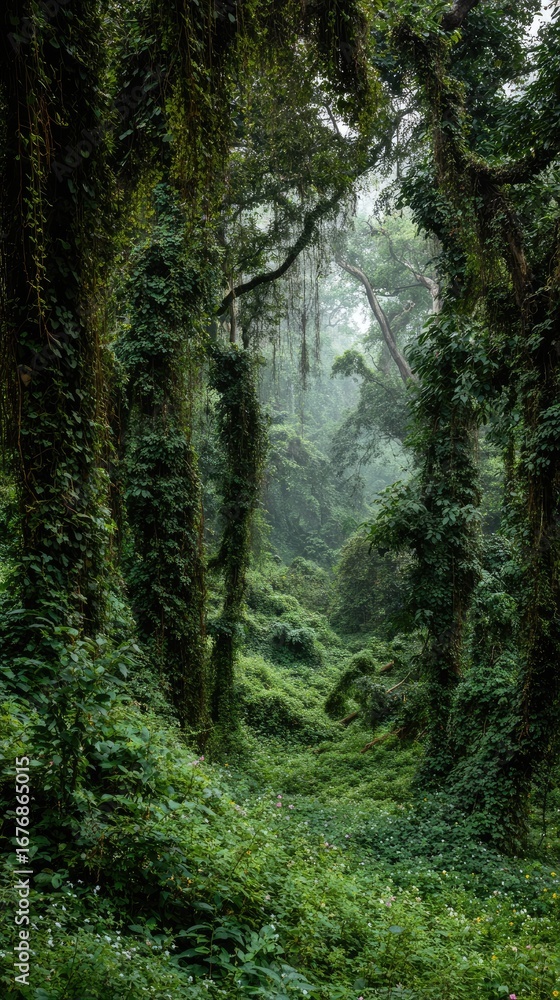 Fototapeta premium Dense green jungle path with vines and mist. Lush, untouched, mysterious nature scene