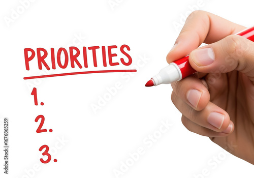 Hand writing priorities list with red marker isolated on transparent background