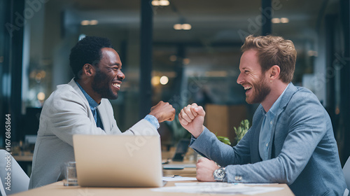 Two men fistbumping across a desk in a brightly lit office both smiling