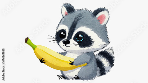 Chubby raccoon in cartoon style holding a piece of fruit, isolated on white background. Ai generated.