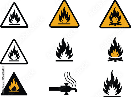 Vector illustration set of fire hazard warning signs, flammable materials danger, combustion risk, safety labels, hot surface, and burning symbols