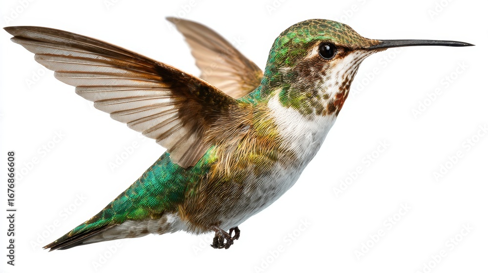 Fototapeta premium A vibrant hummingbird in mid-flight, showcasing its iridescent feathers and graceful wings against a clean background.