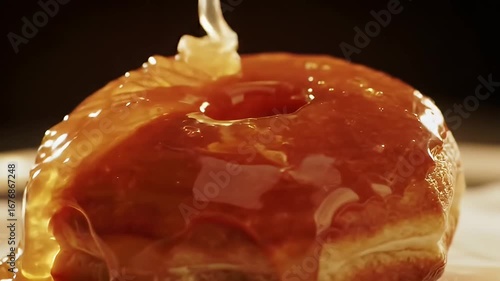 Close-up of honey being poured onto a donut, creating a glossy, sweet appearance
