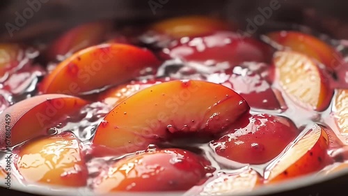 Sliced plums simmer in liquid, creating a glossy and appetizing fruit compote close up