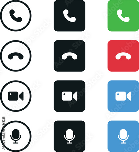 Call and recording icons set in multiple colors isolated on transparent background