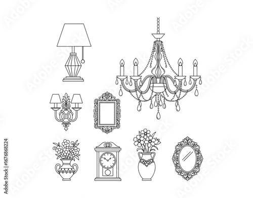 lamp illustration, chandelier illustration, decoration icon collection