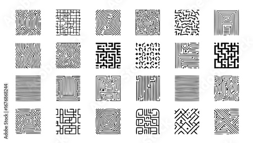 Black and white abstract line patterns and mazes vector