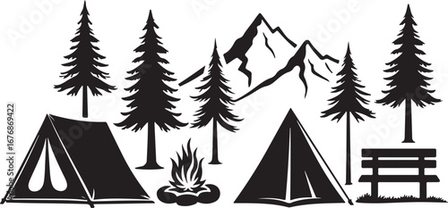 "Camping Silhouette Icons – Tents, Campfire & Trees"

"Outdoor Adventure Vector Set – Camping, Fire, and Nature"

"Black Silhouette Icons of Camping Tents and Campfires"