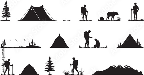 "Camping Silhouette Icons – Tents, Campfire & Trees"

"Outdoor Adventure Vector Set – Camping, Fire, and Nature"

"Black Silhouette Icons of Camping Tents and Campfires"