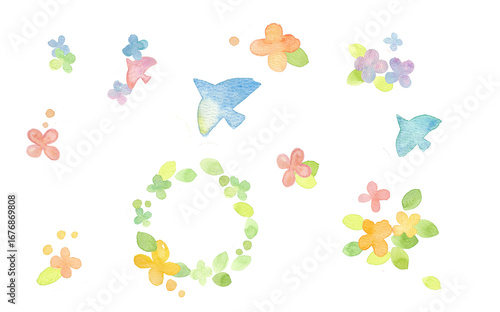 Canvas Print watercolor flowers and birds image