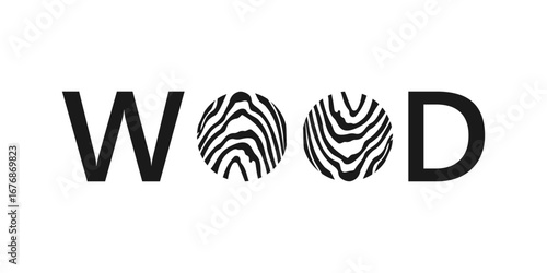 Lettering of the word wood with slab texture instead of letter o, for sign, icon, craft workshop, loft product. Hand drawn Modern colourless minimalist flat Logo. Isolated vector EPS10