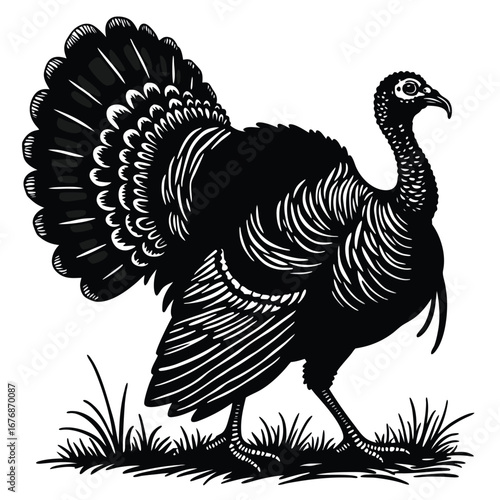 Black and white illustration of a turkey in grass bird 1