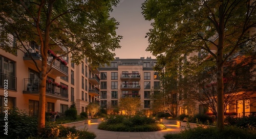 Wallpaper Mural Upscale Residential Architecture with Green Courtyard at Twilight. Torontodigital.ca