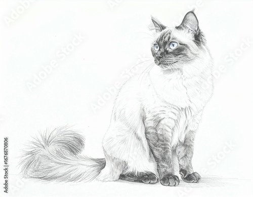 A detailed pencil sketch of a Siamese cat, elegantly posed, showcasing its fur and features.