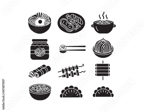 Korean food glyph icons. A collection of traditional Korean dishes. Eastern meals, including meat, veggies, and sauces. The concept of Asian food and Korean cuisine.