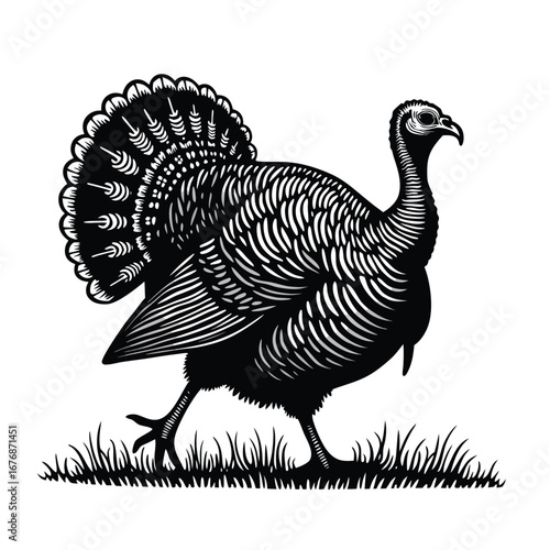 Black and white illustration of a turkey walking in grass