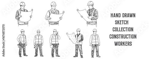 Hand drawn sketch collection of construction workers standing in various poses, men wearing helmets and workwear, black ink line art vector illustration for architecture drawings and design projects