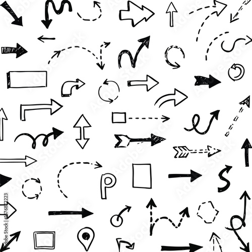 Sketchy hand-drawn black directional arrows, curved lines, and simple geometric shapes create a playful, informal pattern across a clean white background in this dynamic line art illustration.