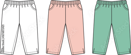 Flat fashion sketches of three pairs of children's pants in white pink and green trousers flat drawing