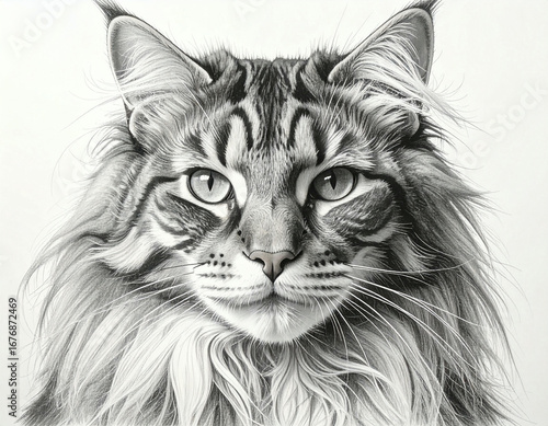 A detailed black and white pencil drawing of a Maine Coon cat's face, showcasing its fur, whiskers, and expressive eyes.