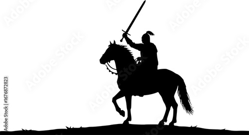Knightly Silhouette: A dramatic silhouette of a knight astride a powerful horse, sword raised high in a classic pose of strength and valor. The image embodies the essence of courage, chivalry.