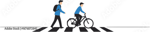 Pedestrian and Bicycle Crossing: A simple yet powerful icon representing a person walking and pushing a bicycle across a crosswalk. Emphasize safe pedestrian and cyclist interaction