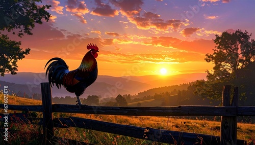 A proud rooster perches on a rustic fence, silhouetted by a vibrant sunrise. Golden light spreads over the tranquil countryside, signaling the beautiful dawn of a new day