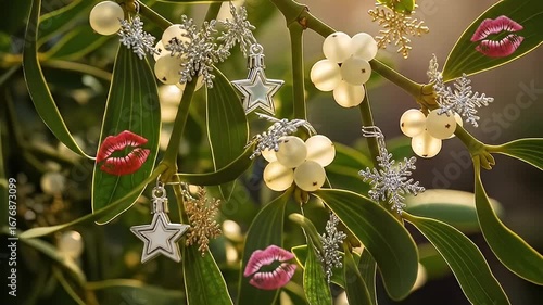 Mistletoe branch with white berries and snowflake ornaments.  Lips are on the leaves