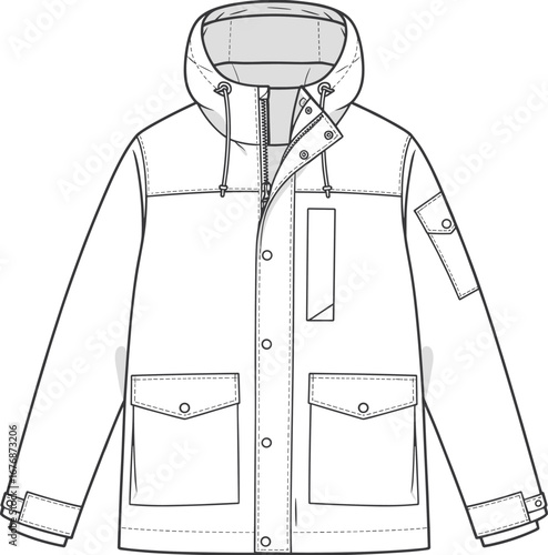 Front view of a white hooded jacket with multiple pockets and snap button closure outerwear apparel