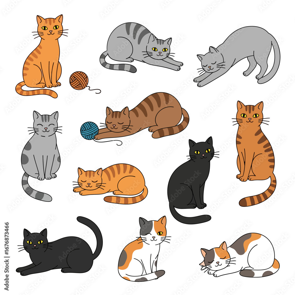Naklejka premium Cute Handdrawn Various Poses Cat Breed Group Cartoon Illustration